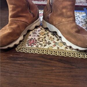 Sorel Brown Suede Ankle Booties with White Platform Sole